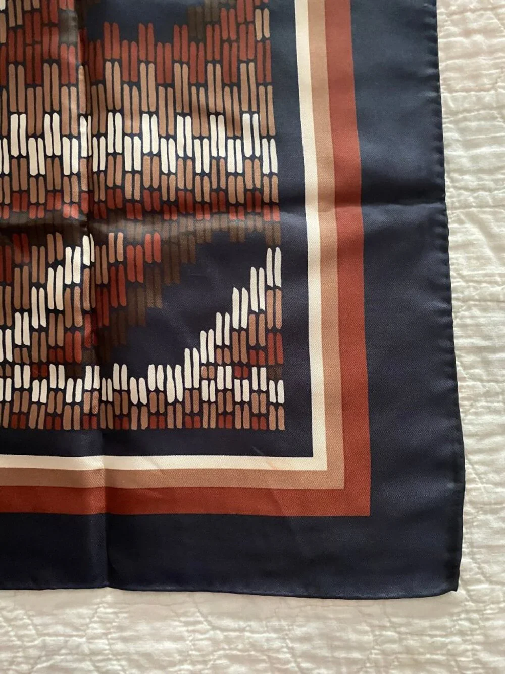 Vintage Square Scarf - Navy Rust Brown Cream Geometric Print - Silky Satin Look
